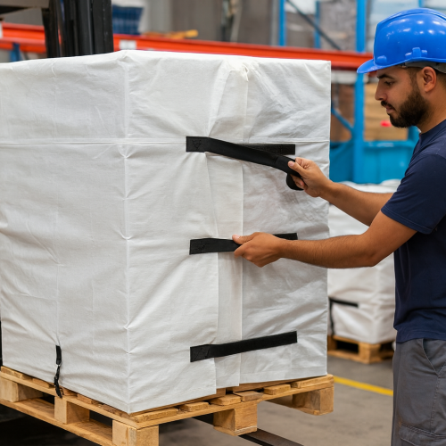 Trabajador asegurando carga con funda