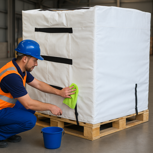 Trabajador limpiando cubierta de palet